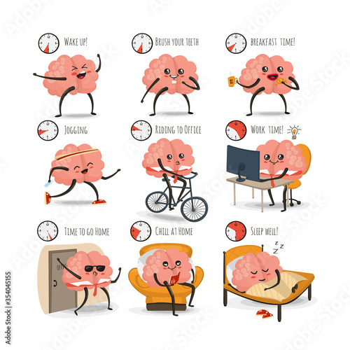 Brain cartoon character icons set, daily activities vector illustration, daily schedule, eps 10