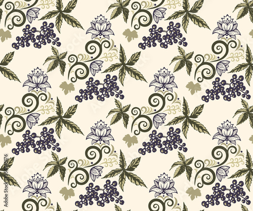 Seamless pattern with Hand drawn wild vine grapes ornamental decorative background. Vector pattern. Print for textile, cloth, wallpaper, scrapbooking
