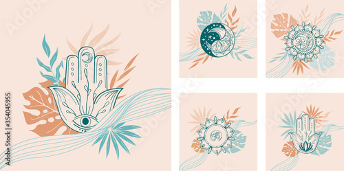 Set of abstract linear pre-made composition with yoga symbol, hamsa, mandala, om, tropical leaf in beige, green, terracotta color. Vector trendy illustartion for invitation, card in indian yoga style