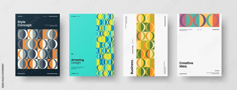 Fototapeta premium Company identity brochure template collection. Business presentation vector A4 vertical orientation front page mock up set. Corporate report cover abstract geometric illustration design layout bundle.