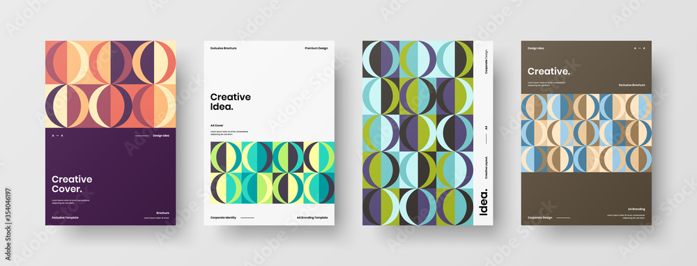 Fototapeta premium Company identity brochure template collection. Business presentation vector A4 vertical orientation front page mock up set. Corporate report cover abstract geometric illustration design layout bundle.