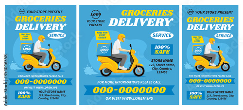 Flyer And Web Banners Templates Set For Food Or Parcel Delivery By Scooter