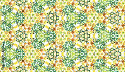 Abstract seamless pattern, background. Colorful kaleidoscope on white. Useful as design element for texture and artistic compositions.