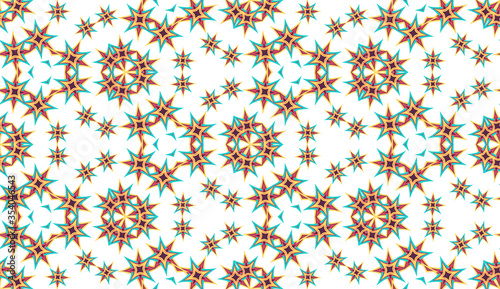 Abstract seamless pattern, background. Colorful kaleidoscope on white. Useful as design element for texture and artistic compositions.