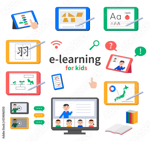 Eラーニングのイメージ。タブレット学習、オンライン学習のイラストセット。国算理社英ほか。