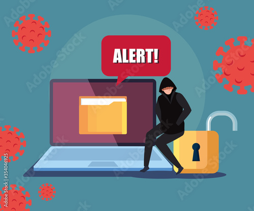 hacker and laptop computer with alert sign during covid 19 pandemic vector illustration design