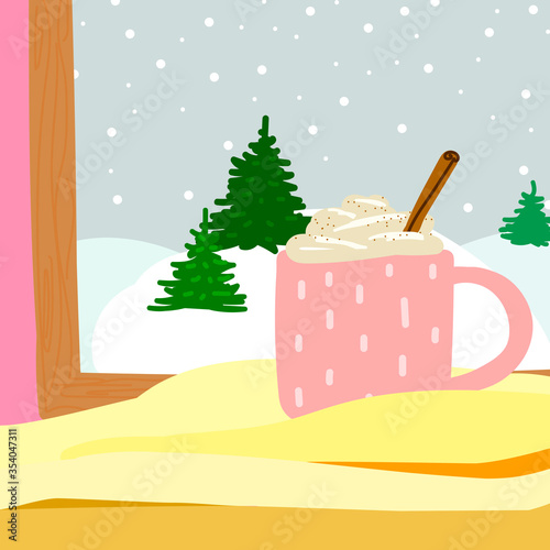 Cozy Scandinavian vector illustration. Cute pink cup with a hot drink on a plaid. Interior with a winter landscape from the window on the Christmas tree and snow. Eggnog, coffee, cocoa, chocolate
