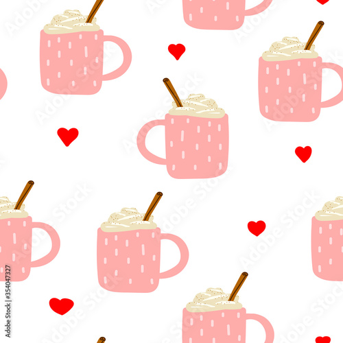 Seamless Cute Scandinavian vector pattern. A pink cups with ornament and hot drinks, cream, cinnamon. Eggnog, coffee, cocoa, on white background with red hearts. Holidays New Year and Valentine's Day