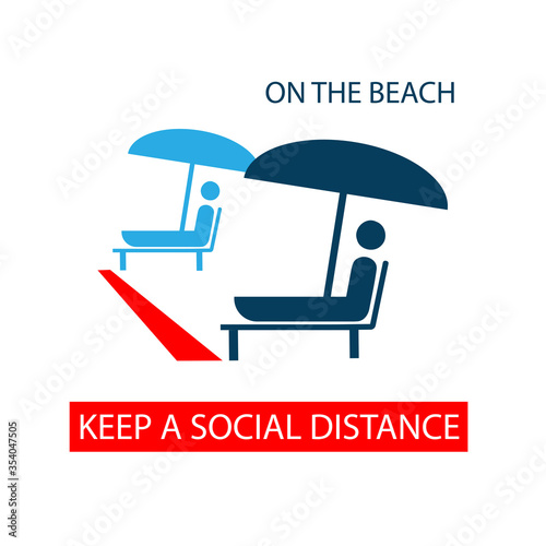 Keep a social distance on the beach. Icon. Sticker. Vector flat illustration