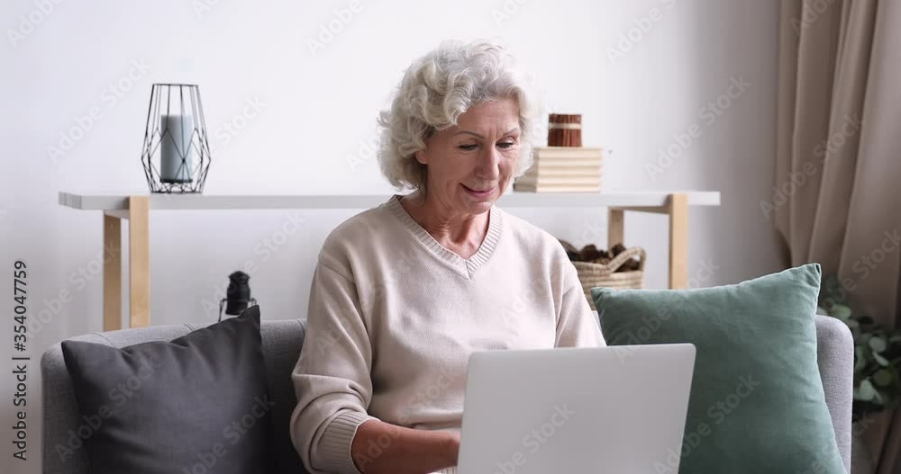 Happy focused senior 60s granny sitting on sofa with laptop on lap, shopping online at home. Smiling smart middle aged woman using computer applications, communicating with friends or web surfing. Happy focused senior 60s granny sitting on sofa with laptop on lap, shopping online at home. Smiling smart middle aged woman using computer applications, communicating with friends or web surfing.
