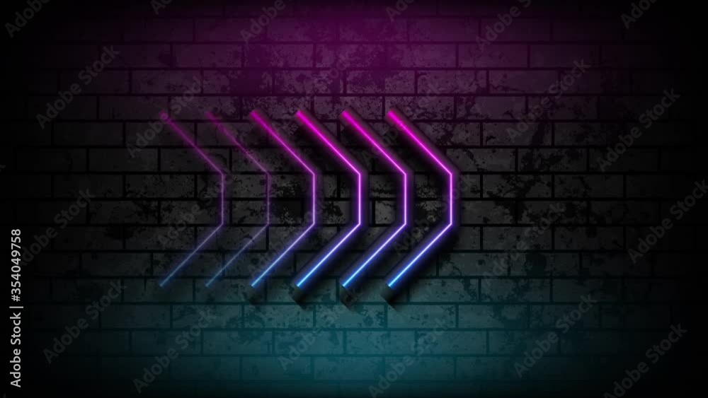 Blue purple neon laser arrows on grunge brick wall. Abstract technology ...
