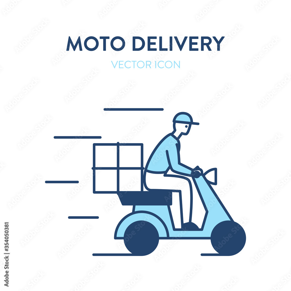 Motorbike delivery icon. Courier delivery man on scooter with parcel box. Vector illustration of a moto bike delivering service with a courier in a hat riding fast with a package