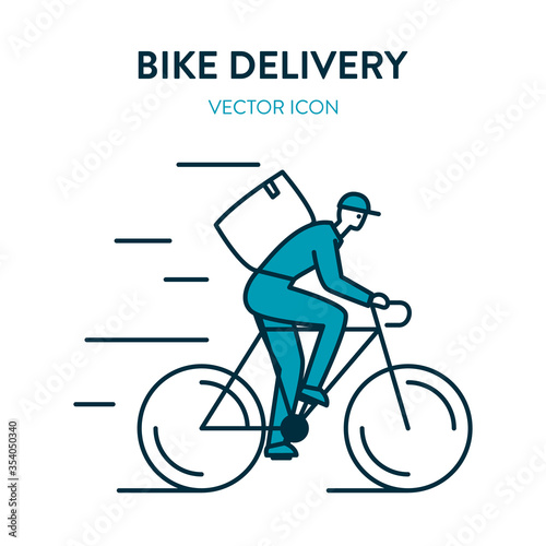 Bicycle delivery icon. Courier delivery man on bike with parcel box on the back. Vector illustration of a city bike delivering service with a cyclist in a hat carrying package