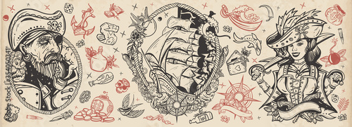 Pirates. Old school tattoo vector collection. Sea adventure. Traditional tattooing style. Captain, parrot, ship in storm, girl filibuster, compass, anchor, rum, treasure island, swallows
