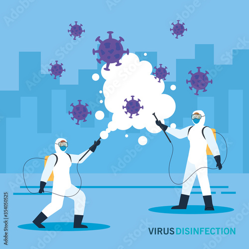 persons with protective suit for spraying the covid 19, disinfection virus concept vector illustration design