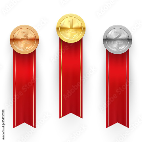 Three medals award for winners, achievement and victory set