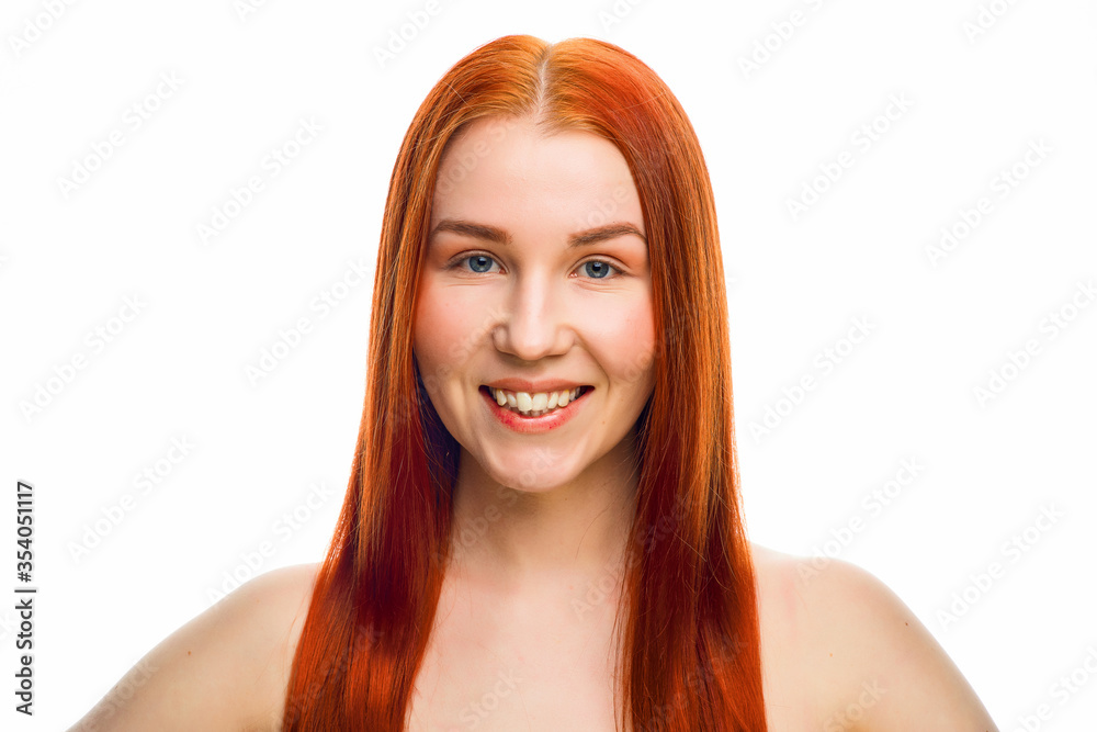 close beauty portrait of a red-haired girl with clean skin and various emotions. Isolated on a white background. close beauty portrait of a red-haired girl with clean skin and various emotions. Isolated on a white background.