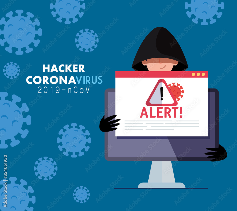 hacker and laptop with danger warning sign during covid 19 pandemic vector illustration design - obrazy, fototapety, plakaty 