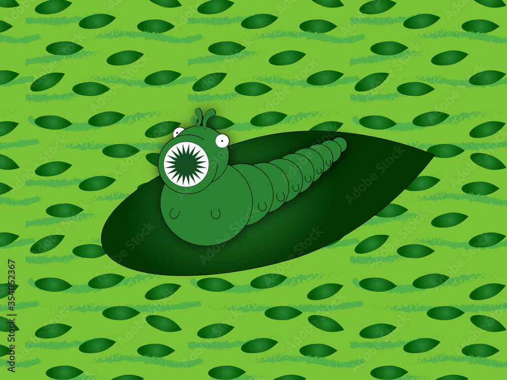 Grüne dicke gefräßige Raupe die Hunger hat auf einem Blatt im Hintergrund ein Muster mit grasgrüner Fläche und Blättern
