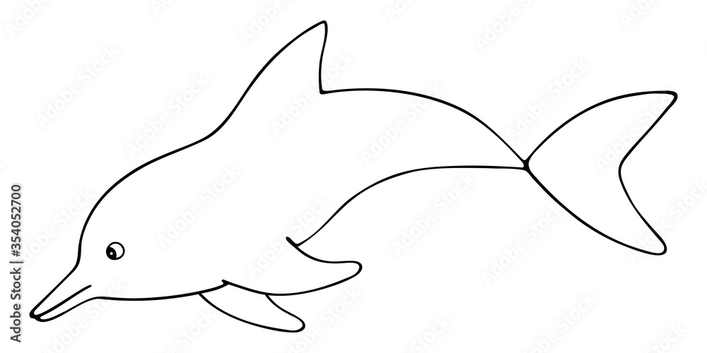 Dolphin. Vector illustration. Outline on a white isolated background. Marine mammal. Inhabitant of the ocean. Hand drawing style. Sketch. Coloring book for children and adults. Idea for web design.
