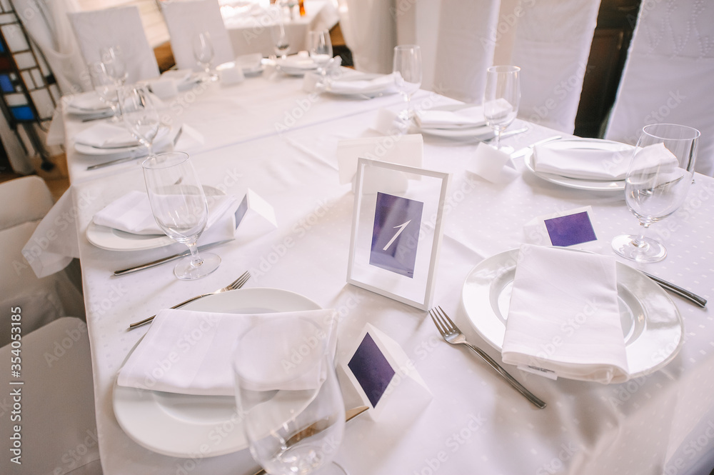Presidium, banquet table with a white tablecloth. Plates and cutlery, glasses, napkins. Presidium, banquet table with a white tablecloth. Plates and cutlery, glasses, napkins.