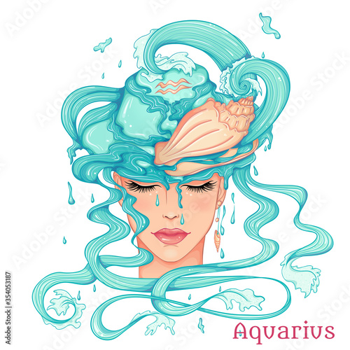 Zodiac. Vector illustration of the astrological sign of Aquarius as a beautiful fashion girl in hat. Sign in hand drawn style isolated on white background. Fashion glamour woman