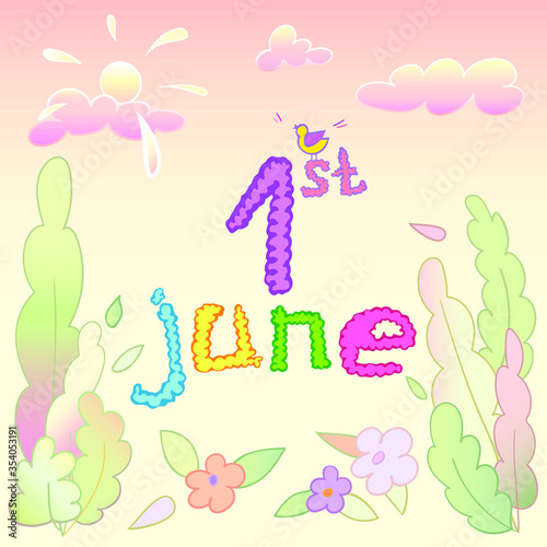 June 1st. International Children's Day. Cartoon doodle art style banner background. Vector illustration of varicoloured elements of letters, numbers, plants, sun, the clouds. 