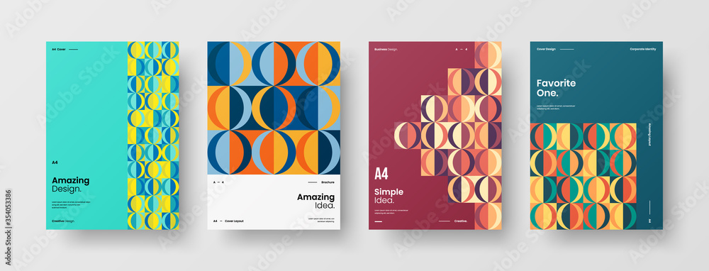 Naklejka premium Company identity brochure template collection. Business presentation vector A4 vertical orientation front page mock up set. Corporate report cover abstract geometric illustration design layout bundle.