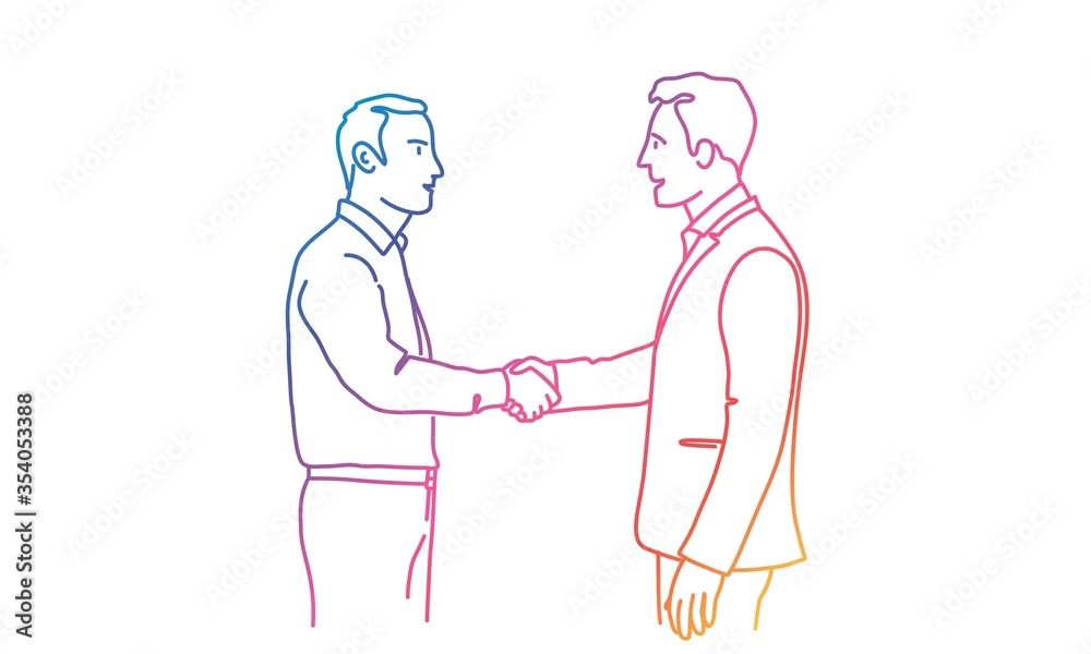 Two business shaking hands during meeting. Rainbow colors in linear vector illustration. Two business shaking hands during meeting. Rainbow colors in linear vector illustration.