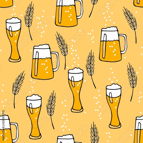 Mug and glass with beer, bubbles, cone on yellow background. Hand drawn vector doodle sketch. Oktoberfest Seamless pattern. For Pub menu, party decor, placemat, t-shirt print and beer themes