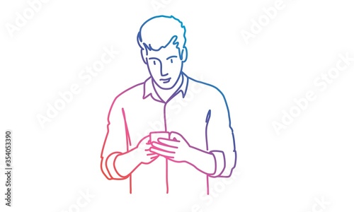 Man or Businessman uses a smartphone while standing. Rainbow colors in linear vector illustration.