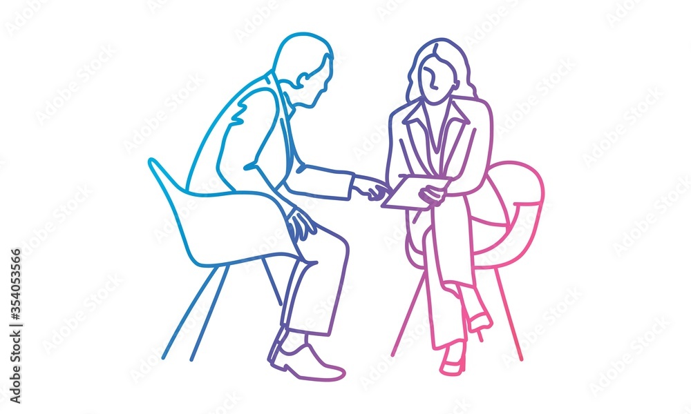 Couple sitting in armchairs. Man pointing at tablet. Rainbow colors in linear vector illustration.