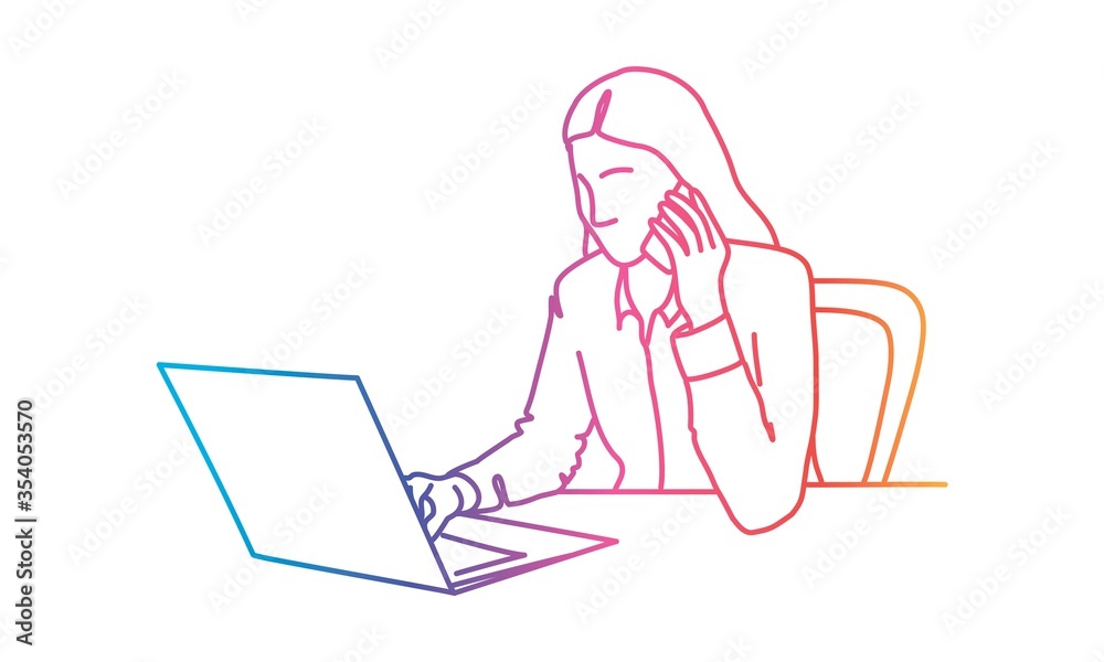 Business woman using laptop and and talking on the phone. Rainbow colors in linear vector illustration. Business woman using laptop and and talking on the phone. Rainbow colors in linear vector illustration.