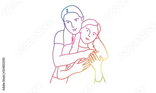 Mother hugs daughter. Older and younger sisters. Rainbow colors in linear vector illustration.