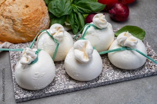Cheese collection  fresh soft Italian cheese from Puglia  white balls of burrata or burratina cheese made from mozzarella and cream filling