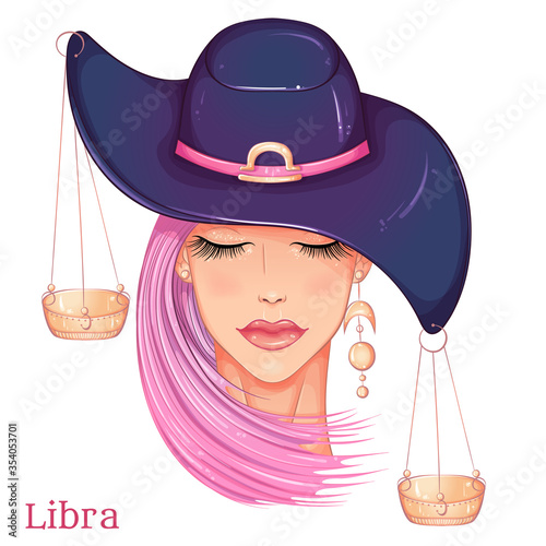 Zodiac. Vector illustration of the astrological sign of Libra as a beautiful fashion girl in hat. Sign in hand drawn style isolated on white background. Fashion glamour woman