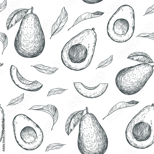 Seamless pattern with avocado. Hand drawn illustration converted to vector