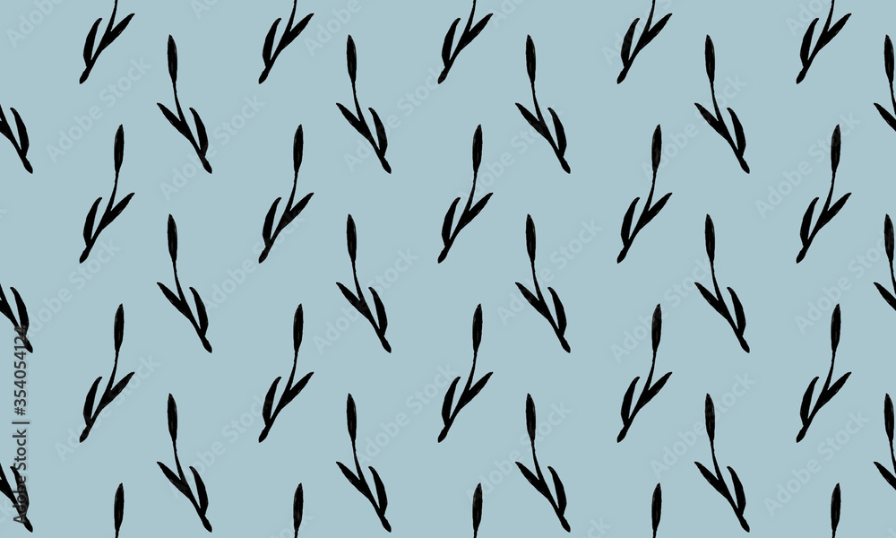 Seamless pattern with hand drawn plant branches. Fabric or textile print template. Floral design element. Spring and summer symbol. Contour otline drawing of simple black twig Seamless pattern with hand drawn plant branches. Fabric or textile print template. Floral design element. Spring and summer symbol. Contour otline drawing of simple black twig