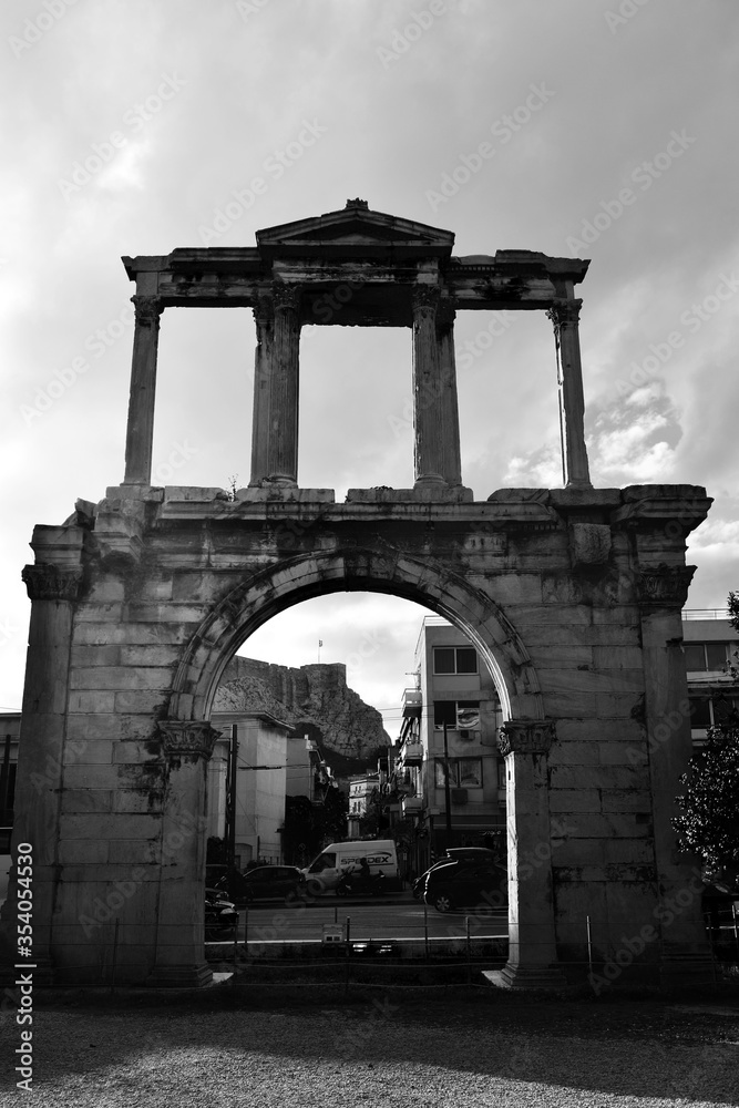 Front view of Hadrian's Arch in black and white