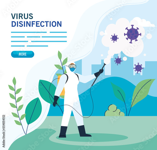 person with protective suit for spraying the covid 19 in landscape, disinfection virus concept vector illustration design