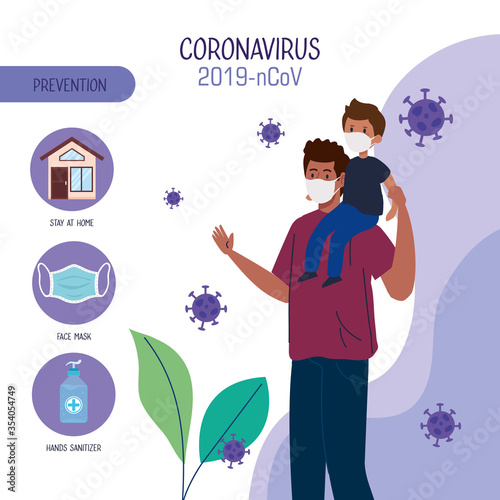 prevention of coronavirus 2019 ncov, father and son wearing protective medical mask vector illustration design