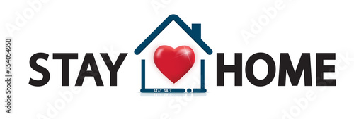 Stay at home text under house roof with heart. COVID 19 or coronavirus protection campaign logo. stay at home with self quarantine to stop outbreak. illustrator vector.