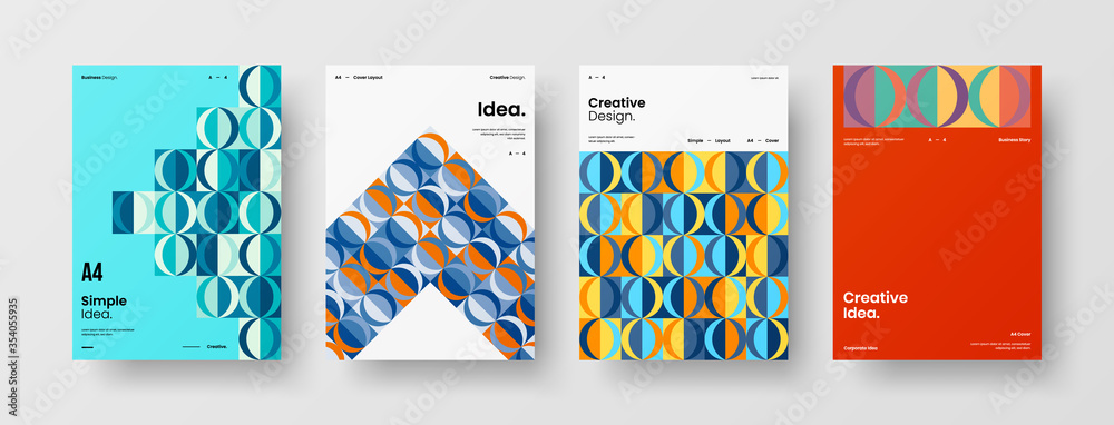 Fototapeta premium Company identity brochure template collection. Business presentation vector A4 vertical orientation front page mock up set. Corporate report cover abstract geometric illustration design layout bundle.