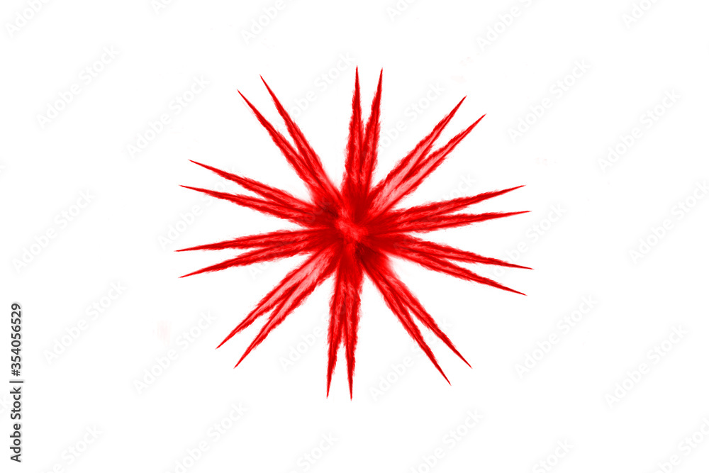 Obraz premium Freeze motion of red powder exploding, isolated on white background. Abstract design of red dust cloud. Particles explosion screen saver, wallpaper
