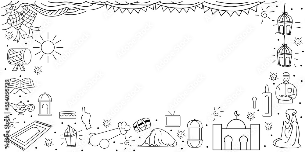 Obraz Hand drawn Doodle Happy Eid Mubarak and Ramadan Kareem isolated on white background. Hand drawn sketch outline doodle style islamic vector illustration. Collection of arabic design elements with quran