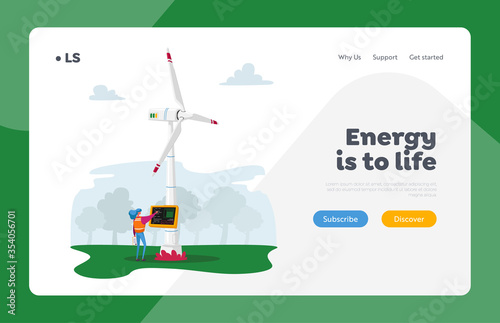 Environmental Protection Landing Page Template. Woman Character at Panel Controlling Work of Windmills on Nature Background. Renewable Resources, Green Energy Generation. Cartoon Vector Illustration