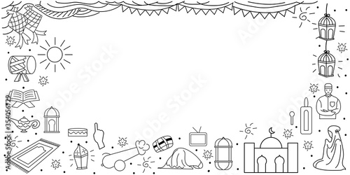 Hand drawn Doodle Happy Eid Mubarak and Ramadan Kareem isolated on white background. Hand drawn sketch outline doodle style islamic vector illustration. Collection of arabic design elements with quran