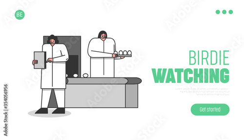 Process control on poultry farm landing page with workers check eggs quality.
