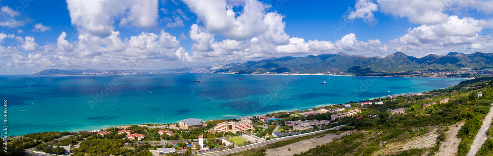 Panorama of the resort village of Kabardinka is located on the shore of Tsemesskaya Bay at the foot of the Caucasus mountains. From a bird's eye view