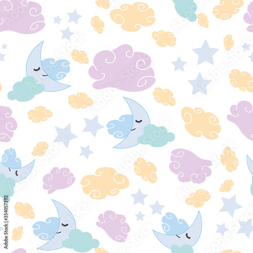 Cute night sky seamless pattern with colorful clouds and moon